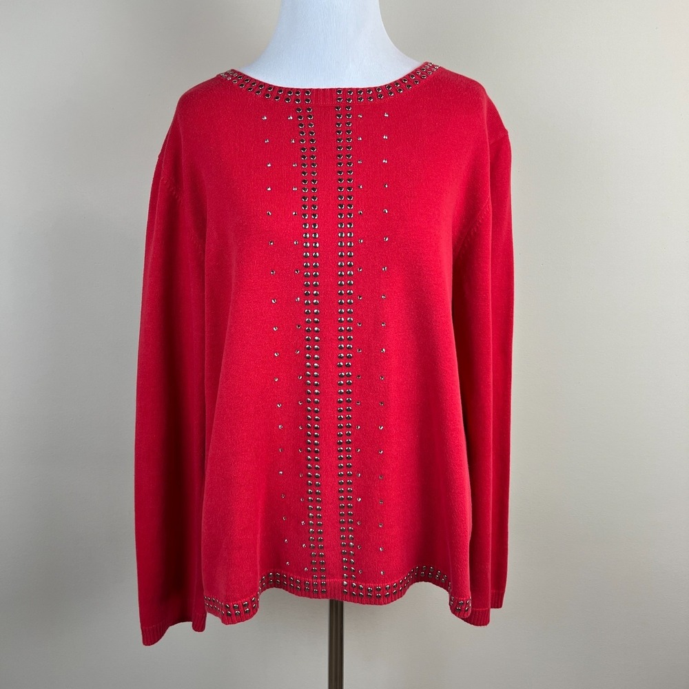 Christine Alexander Sweater Womens Large Red Studded Rhinestone Crystals Bling L